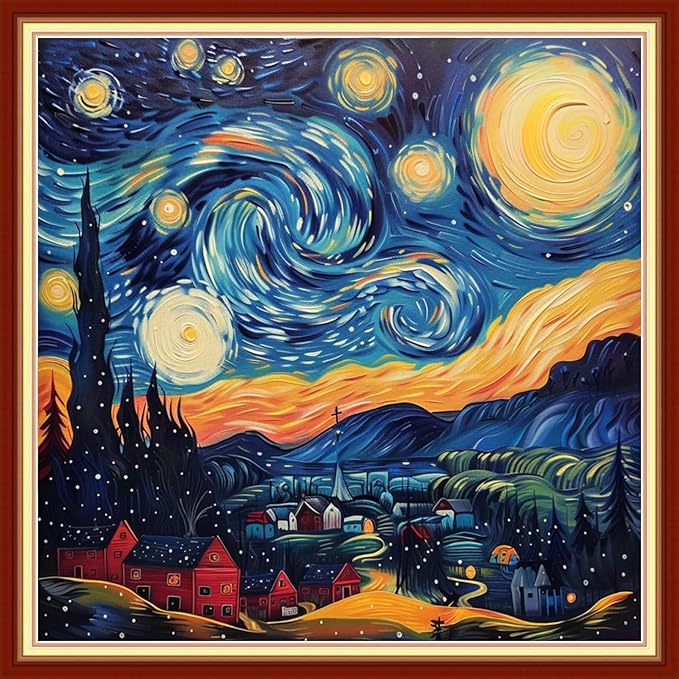 Magxvouy Cross Stitch Kits Stamped Full Range of Embroidery Kits,Cross Stitch Patterns Needlework Kits for Beginners 11CT Printed Kits&Van Gogh Starry Sky 18x18 inch