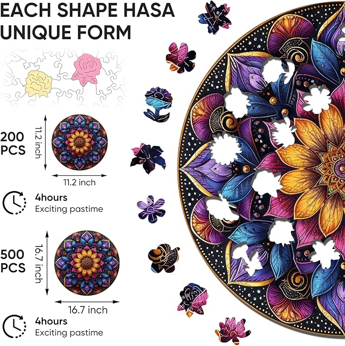 Mandela Wooden Jigsaw Puzzles - Flower Puzzles for Adults 500 Pcs, 16.7'' x 16.7''Unique Shaped Wood Puzzle, Beautiful Package for Halloween, Best Gift for Adults and Kids, Family Game