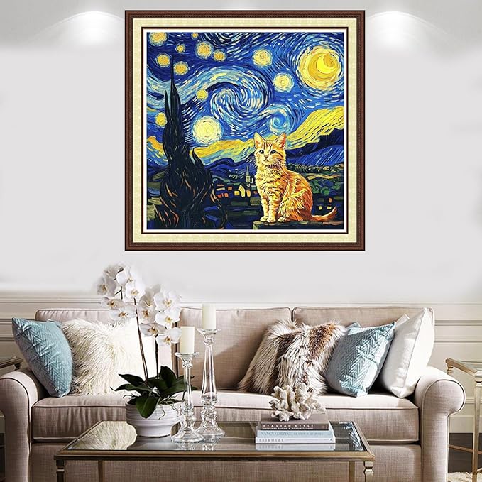 Findvoor Counted Cross Stitch Kits for Adults Full Range of Cross Stitching Embroidery Unprinted Pattern for Beginners, 11CT Needlepoint Kit Patterns Embroidery Kits-Cat Van Gogh Starry Sky 18x18 inch