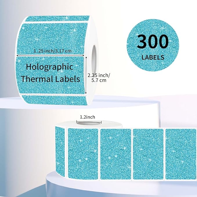 2.25"x1.25" Holographic Thermal Labels Stickers, Glitter Direct Thermal Printer Labels, Waterproof Self-Adhesive Address Shipping Label Stickers, 300 Sheet/ 1 Roll, Holographic Shiny Blue