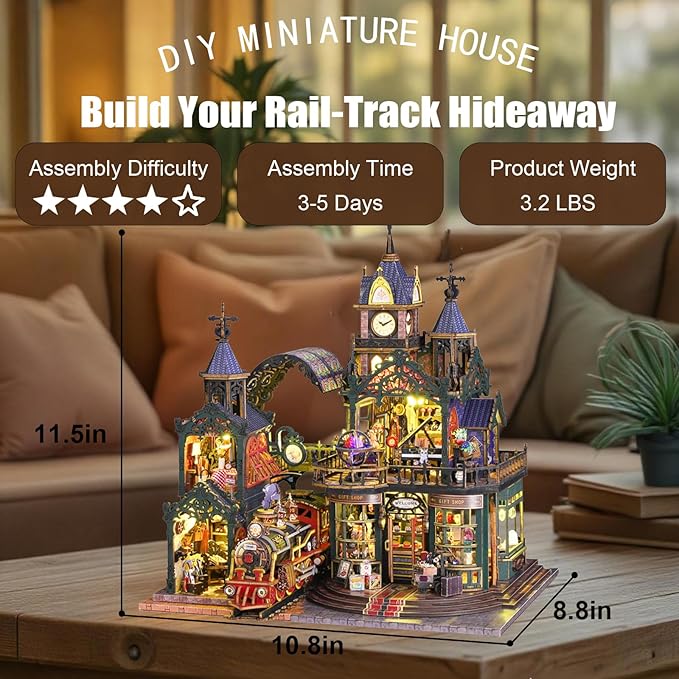 Miniature House Kit, Miniature Kit with Steam Train, Dollhouse Kit for Adults Teen, Mini House Building Kit for Birthday, Rail-Track Secluded City