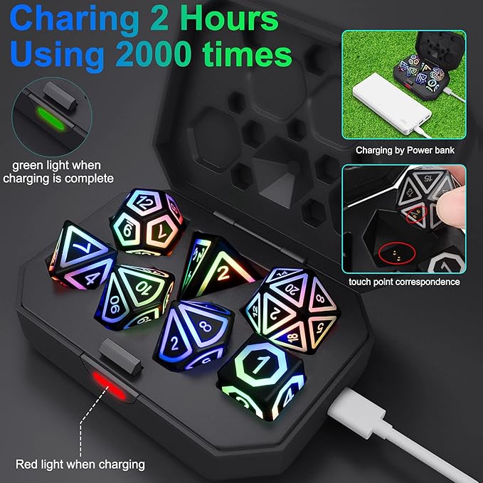 Rechargable DND Dice Set, Light Up Dice, 7 PCS Glowing Balanced LED Dice Electronic Dices, D&D Dice, Polyhedral Dice Set RPG Role Playing Table Game