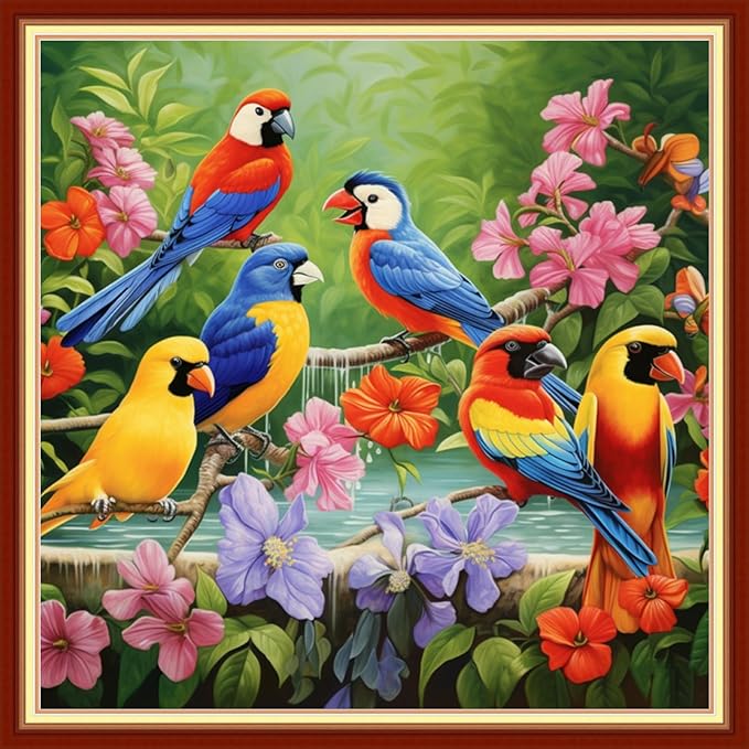 DMCVIVR Stamped Cross Stitch Kits for Adults Beginners Embroidery Kits 11CT Needlepoint Kits Cross Stitch Patterns Embroidery Patterns-Colorful Birds and Flowers 18x18 inch