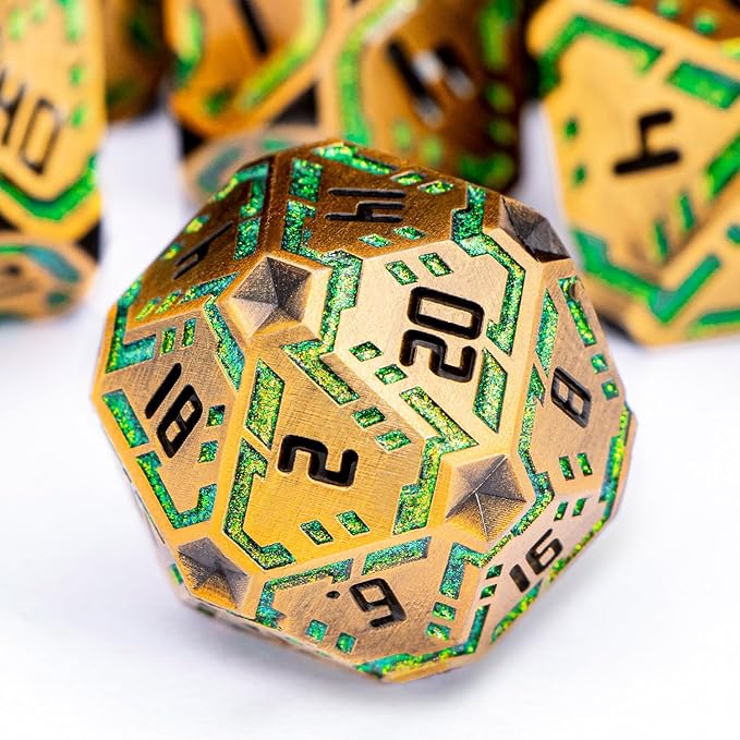 Metal DND Sci-fi Dice Set 7PCS Stripe Polyhedral Dice for Dungeons Dragons RPG Role Playing Game, Glitter D and D Dice with Gift Box D6 D8 D10 D12 D20 (Yellow Green)