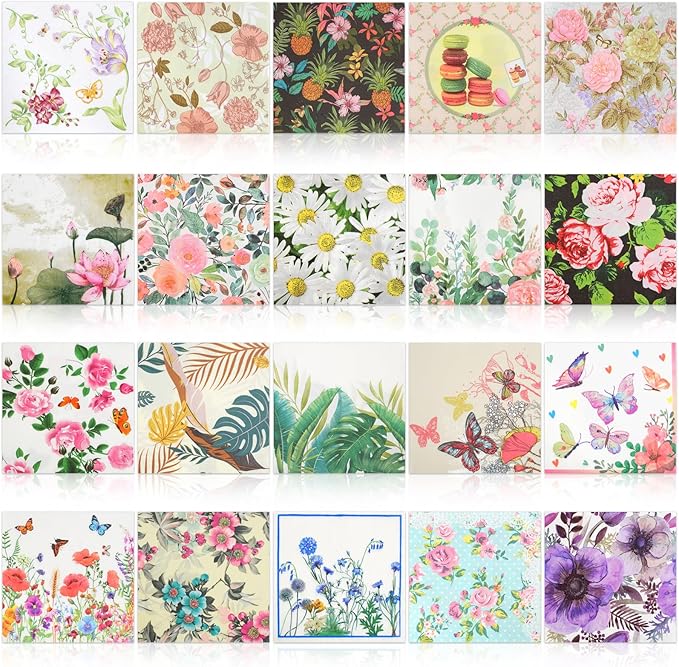 Floral Decoupage Paper Napkins, 20 Pack 20 Styles Assorted Decorative Cocktail napkins for DIY rafting Birthday Party Wedding Baby Shower Each Unfolded 13 Inch