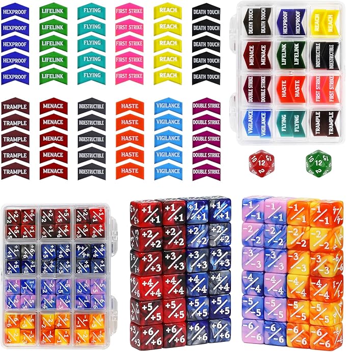 110PCS MTG Keywords Tokens & 12mm Dice Counter for Magic The Gatering, Bulk Ability Tokens MTG Life Counters D20 Loyalty 6 Sided Dice, Compatible with TCG CCG Magic Card Gaming Accessories