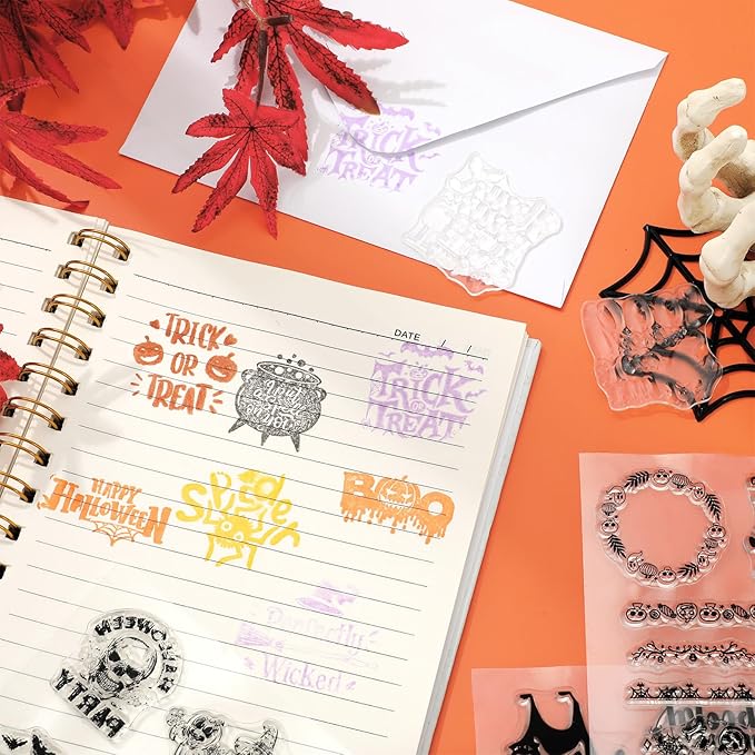 Whaline 5 Sheets Halloween Clear Stamps Gnome Pumpkin Spider Silicone Transparent Stamps Trick or Treat Border Stamp Cards for DIY Card Making Scrapbooking Embossing Album Decor