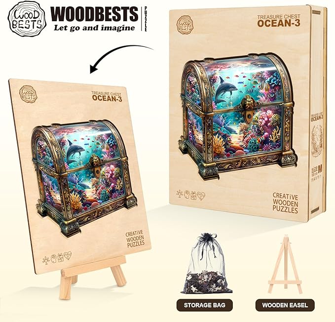 Wooden Puzzles for Adults, Treasure Chest Ocean Wooden Jigsaw Puzzle Unique Shape Animal Wood Puzzles Adult 3D Visual Effect, Birthday Gifts for Puzzle Lovers Family Games (M-11.4 * 11in-190pcs)