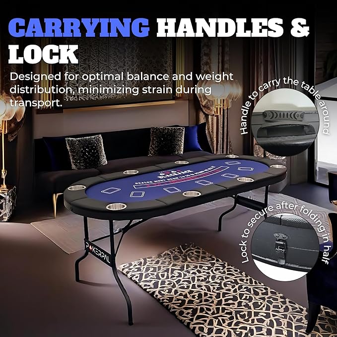 8 Player Poker Table with 2 Interchangeable Game mats, Texas Holdem Poker and Blackjack, Collapsible Casino Table with Padded Rails and XXL Cup Holders for Wine and Whiskey Glasses, (71 in)