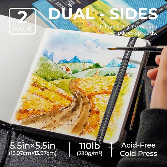 Funto Watercolor Journal, Square, 5.5x5.5, Portable 2-Pack, 48 Pages Each, Gray&Blue Cover, 110lb/230gsm, Art Supplies for Mixed Media