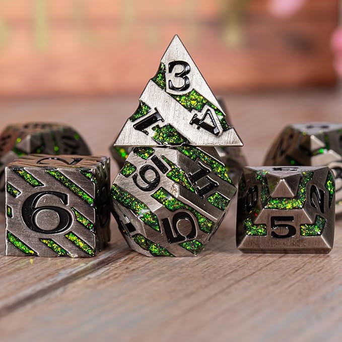 Stripe Metal Dice Set D&D,7PCS Solid Metal Glitter Dice with Gift Box,RPG Polyhedral Dice Set for DND Table Game