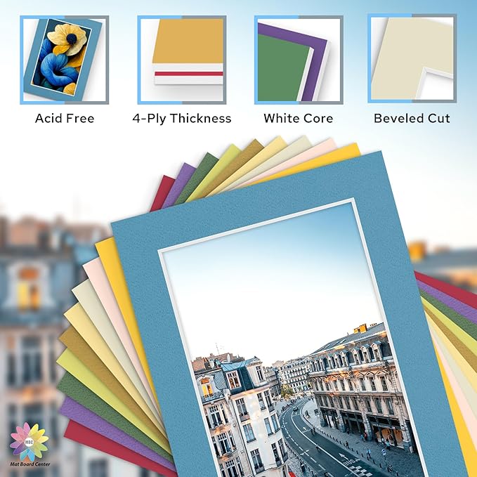 Mat Board Center, Pack of 10, 5x7 for 4x6 Mix Color Mat Kit - Acid Free, 4-ply Thickness, White Core - Includes Backing Boards and Clear Bags - for Pictures, Photos, Framing