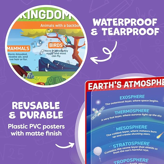 Science Posters for Classroom Middle School Elementary School - 12pc Science Classroom Decor Must Haves Posters Decorations - 17” x 11” - Scientific Method, Solar System, Matter, Animal Kingdom