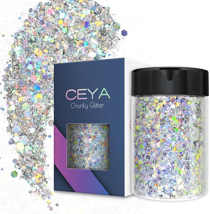 Ceya Holographic Chunky Glitter, 4.9oz/ 140g Diamond Silver Craft Glitter Powder Mixed Fine Flakes Iridescent Nail Sequins for Nail Art, Hair, Epoxy Resin, Tumblers, Slime, Painting, Festival Decor