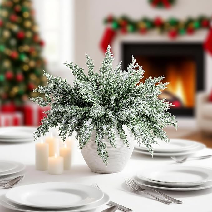 10 Packs 16.5" Artificial Christmas Snow Pine Branches, Snow Flocked Faux Greenery Norfolk Pine Sprigs Cypress Stems, White Frosted Fake Foliage Pine Needle Picks for DIY Craft Garland Home Decor
