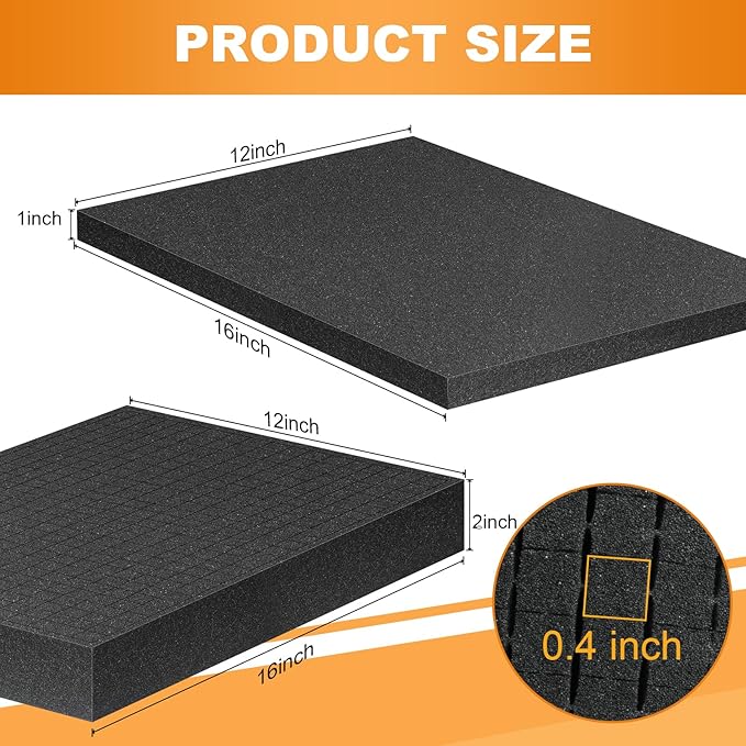 Eunice 2Pcs 16 x 12 x 1 Inch Polyurethane Foam Sheets & 4Pcs 16 x 12 x 2 Inch Cuttable Foam Inserts for Cases, Packing Foam Pads for Tool Box, Camera Storage and Crafts, Total 8Pcs