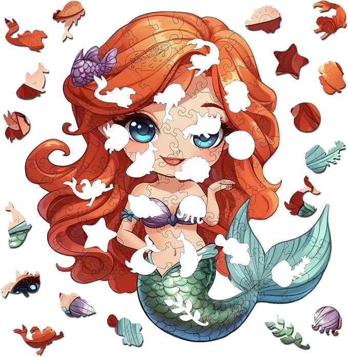Wooden Puzzles for Adult and Kids, 100 Pieces Ocean Puzzle, Unique Shaped Mermaid Wooden Preschool Puzzle, Toddler Wooden Puzzle Toy Gift for Family and Friends, Suitable for Family Games