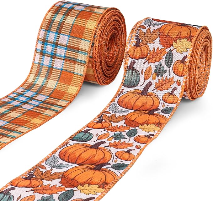 2 Rolls 2.5 Inch x 20 Yards Thanksgiving Fall Wired Ribbon for Crafts Wreath Bows Pumpkin Autumn Leaves Ribbons Orange Plaid Ribbon for Gift Wrapping Thanksgiving Party Home Decoration