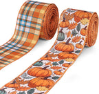 2 Rolls 2.5 Inch x 20 Yards Thanksgiving Fall Wired Ribbon for Crafts Wreath Bows Pumpkin Autumn Leaves Ribbons Orange Plaid Ribbon for Gift Wrapping Thanksgiving Party Home Decoration