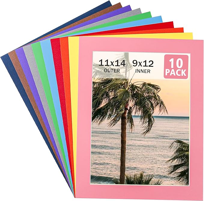 HOTUO 10 Pack Acid Free Colorful Picture Frame Mats, Pre-Cut 11x14 Picture Mats with Ivory Core Bevel Cut for 9x12 Photo, Signature Friendly 4 Ply Thickness Photo Mat for Frames.
