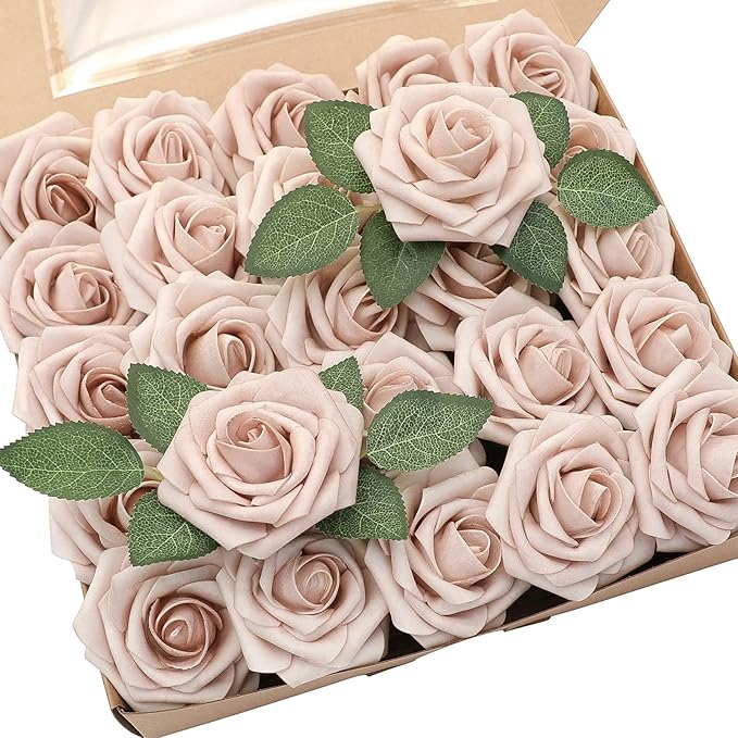 Floroom Artificial Flowers 25pcs Real Looking Nude Foam Fake Roses with Stems for DIY Wedding Bouquets Bridal Shower Centerpieces Floral Arrangements Party Tables Home Decorations