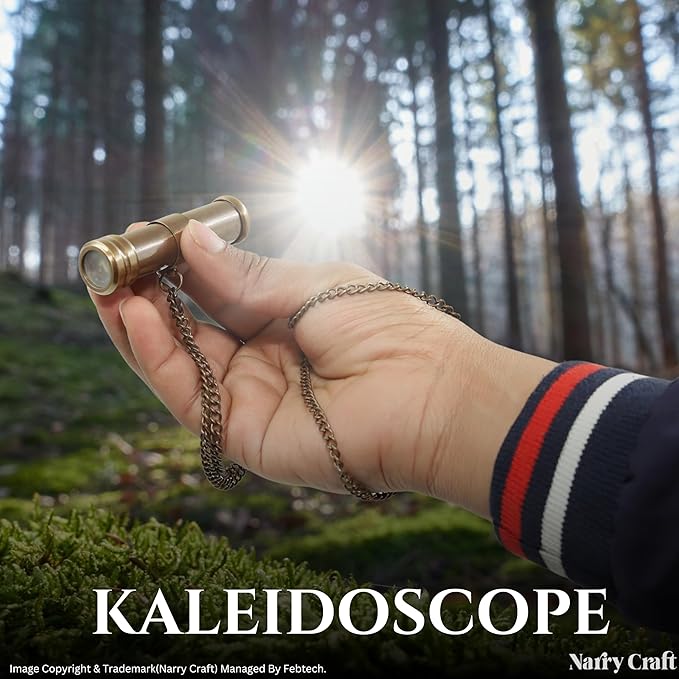 Brass Kaleidoscope with Wooden Box | Handcrafted Vintage Kaleidoscope with Optical Glass Lens & Wooden Storage Box – Collectible Gift for Kids & Adults Last-Minute (Silver/Brass, Small)