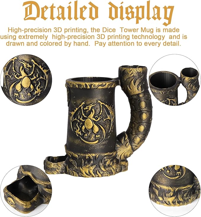 Mug Dice Tower - Dice Rolling Tower,(7PCS D20 Dice Set Included) for DND Gift and Dungeons and Dragon, Tabletop Games, Drink Holder, Tavern Style Board Game Roller (Gold)