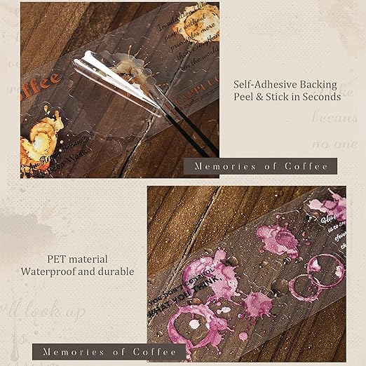Memories of Coffee PET Tape Set, 6 Rolls Vintage Coffee Stain Stickers with Clip for Scrapbooking, Journaling, DIY and Crafts Supplies