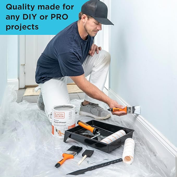 BLACK+DECKER 10-Piece Paint Tray Set, Complete Kit with Rollers, Brushes, Drop Cloth and More, Professional-Quality Tools for Effortless Painting, Ideal for Home, Office or Art Projects, 32363