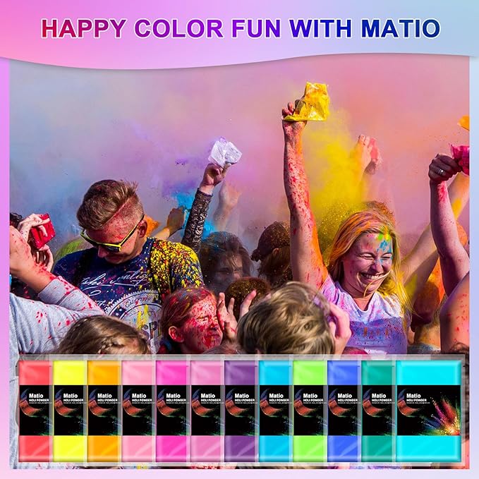 Matio Color Run Powder, 12 Pack 3.5oz/100g Each Natural Holi Powders Assorted Coloring Rangoli Bulk, Washable Chalk Powders Paint for Color War, Summer Camp, Photography Smoke, Gender Reveals