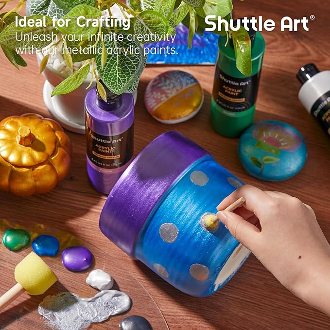 Shuttle Art 8 Colors Metallic Acrylic Paint, 250ml/8.45oz Bottles Acrylic Paint Set, Rich Metallic Shade, Bulk Painting Supplies for Artists, Beginners and Kids Painting on Rocks Crafts Canvas Wood