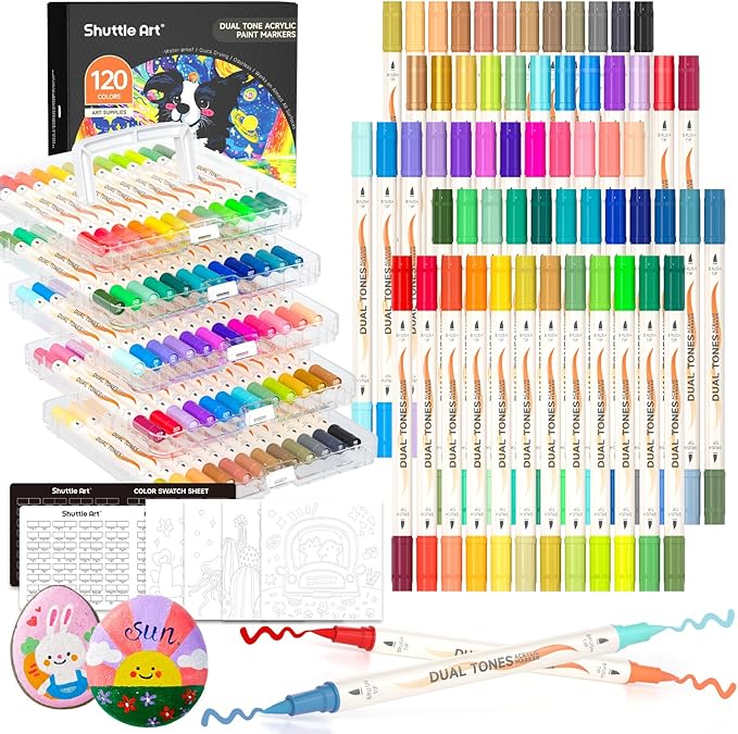 Shuttle Art 60 Pack Dual Tone Acrylic Paint Markers, 120 Colors Acrylic Paint Pens for Rock Painting, Ceramic, Wood, Canvas, Glass, Stone, Fabric, Card Making, DIY & Art Supplies