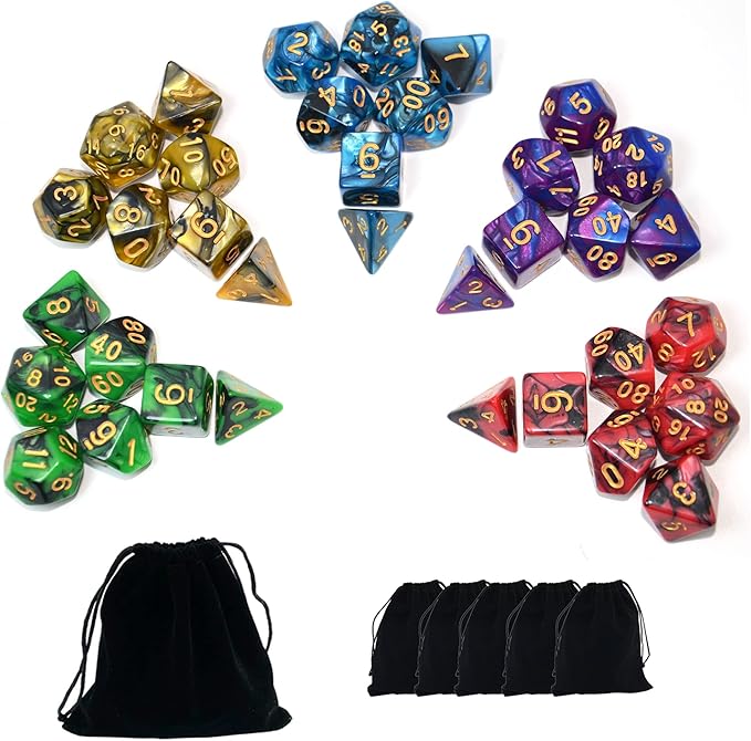 SmartDealsPro 5 x 7-Die Double-Colors Polyhedral Dice Sets with Pouches for D&D DND RPG MTG Dungeon and Dragons Table Board Roll Playing Games D4 D6 D8 D10 D% D12 D20