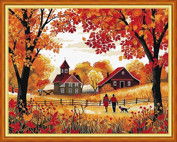 Dimensean Stamped Cross Stitch Kits Full Range of Embroidery Patterns Starter Kits for Beginners Adult or Kids DIY Cross Stitches Needlepoint Kits 11CT- Golden Autumn Strolling 16x20 inch