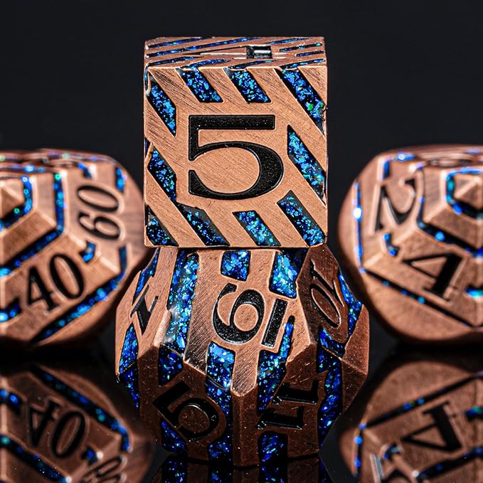 Metallic Glitter Stripes D&D Dice Set,7 PCS Polyhedral Dice Set with Gift Metal Box for Dungeons and Dragons,DND Metal Dice for Tabletop Game (Antique Copper Blue)