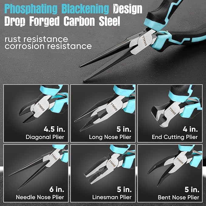 SHALL Mini Pliers Set, 6-Piece Small Pliers Tool Set Includes Needle Nose, Long Nose, Bent Nose, Diagonal, End Cutting and Linesman for Making Crafts, Electronic Repairing & Jewelry with Pouch