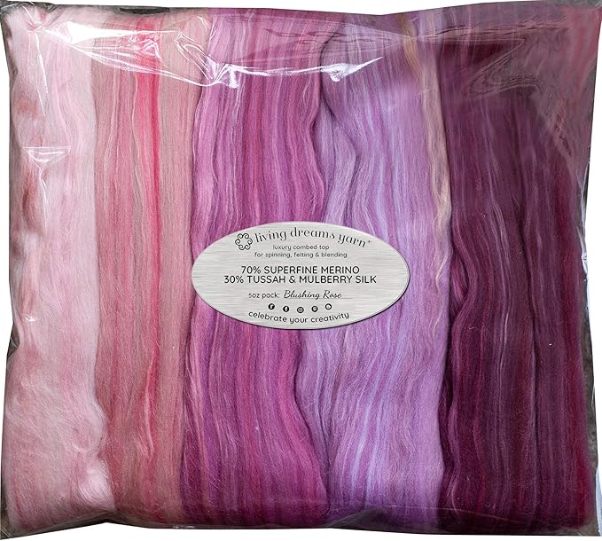 Merino Silk Luxe Tonal Designer Blend. Superfine Merino, Mulberry, Tussah Silk. Top Roving for Spinning or Felting. Blushing Rose 5oz