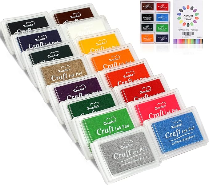 XoreArt Finger Ink Pads for Kids Washable Craft Ink Stamp Pads, 16 Color DIY for Rubber Stamps, Paper, Scrapbooking, Wood Fabric, Best Gift for Kids