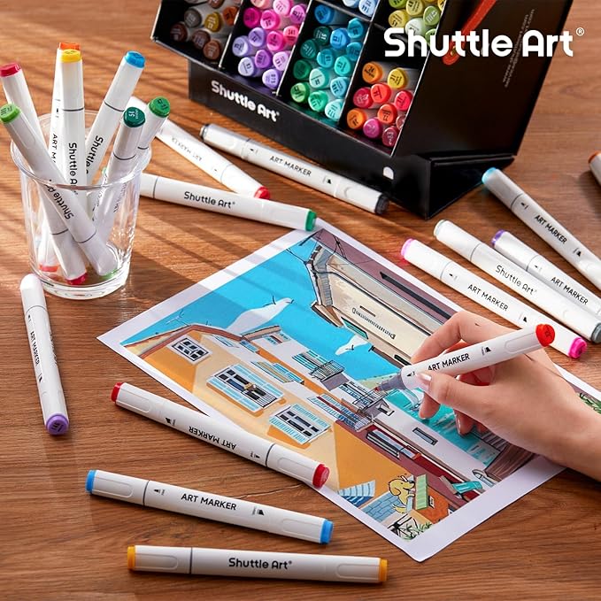 Shuttle Art 121 Colors Alcohol Markers, 120 Colors Dual Tip Art Marker Set Plus 1 Colorless Blender with Marker Case Perfect for Illustration Students Adult Coloring Sketching