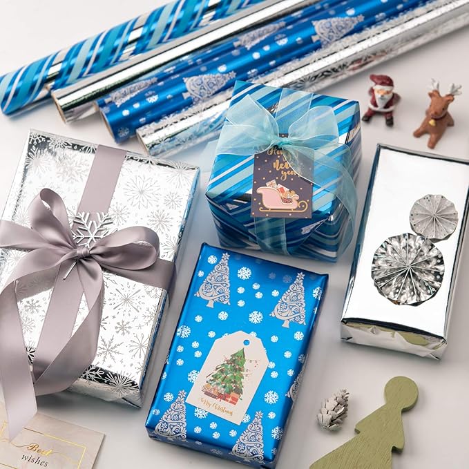 WRAPAHOLIC Blue Christmas Wrapping Paper Set - Blue and Silver Metallic Foil Shine Christmas Wrapping Paper Bundle with Gift Bow & Ribbon & Tag & Sticker