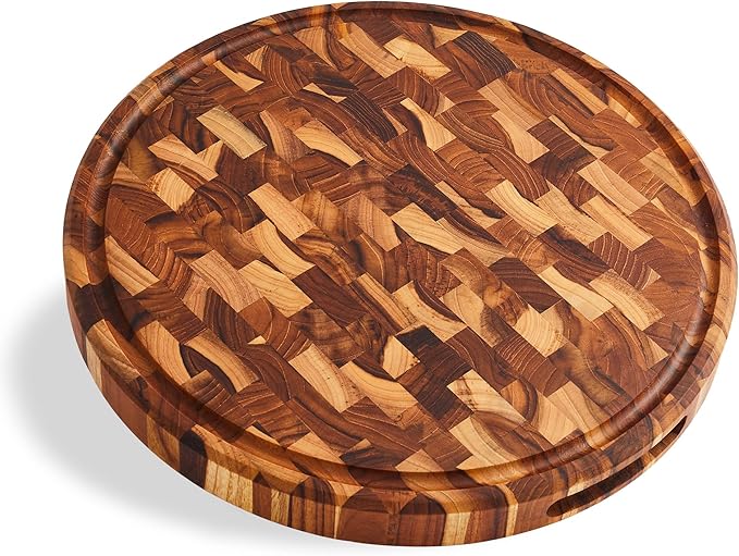 Sonder LA, End Grain Teak Wood Cutting Board 15" Round 1.5" Thick with Juice Groove and Built-in Handles, Charcuterie Serving Board (Gift Box Included)