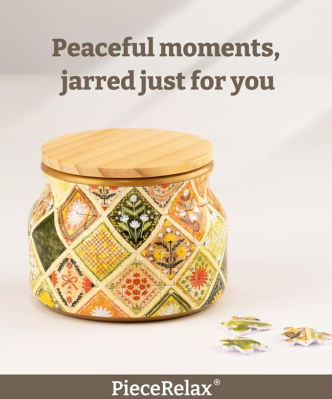 PieceRelax 3D Puzzle Jar 64 Plastic Pieces for Adults - Daisy Breeze Wooden Lid Container for Kitchen Dining Study Living Room No Glue Requied Small [BC1025]