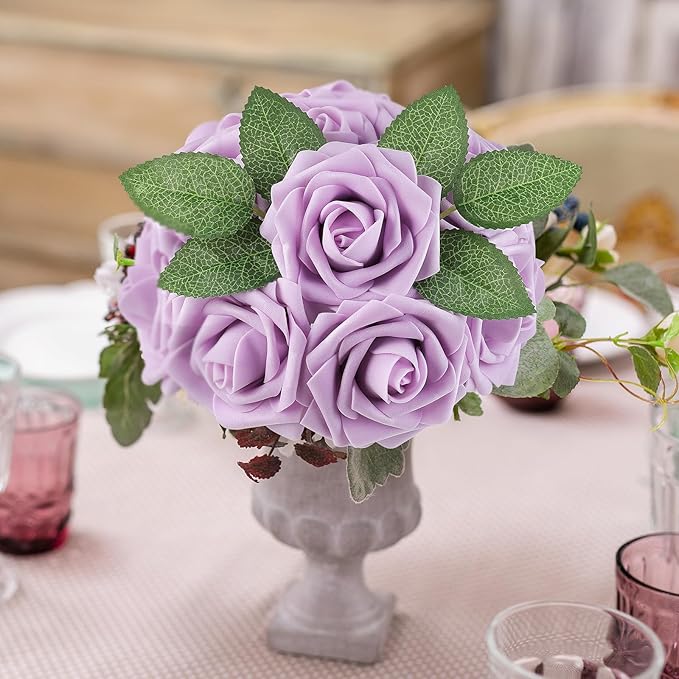 AmyHomie 25pcs Real Looking Artificial Lavender Roses w/Stem for DIY Wedding Bouquets Centerpieces Arrangements Party Baby Shower Home Decorations