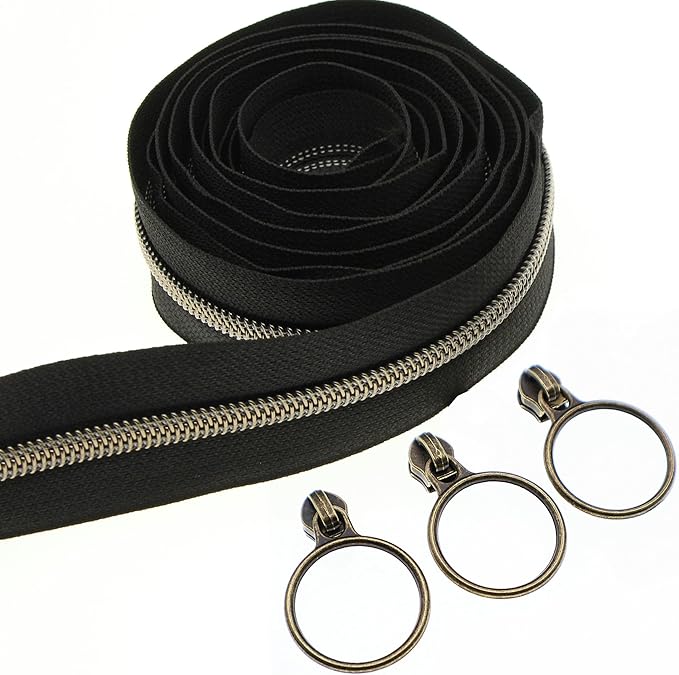 Leekayer 5# Black Nylon Zipper Tape Brass Teeth 10 Yards Continuous Zipper with 25 pcs Ring Pull Silders Bulk(Antique Brass)
