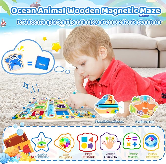 FCSONU Magnetic Color & Shape Maze, Toddler Montessori Toys for 3 4 5 Years Old Boy Girl Birthday Gifts, Wooden Magnetic Board for Kids Puzzles, Color Shape Sorting Magnet Toys, Preschool Activities