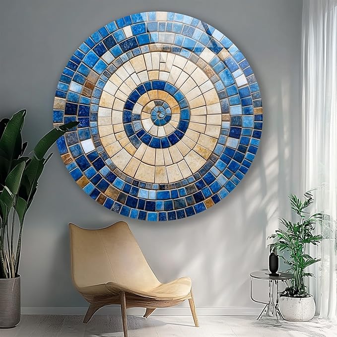 My Photostation.com 20''(50cm) Diameter Coastal Sunburst Beige & Blue Round Glass Wall Art Tempered Glass Printing Wall Decor Large Wall Art Wall Hangings