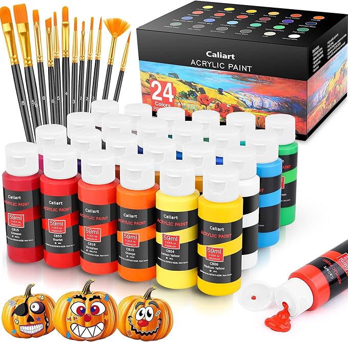 Caliart 24 Colors Acrylic Paint Set with 12 Brushes, Art Craft Paints Gifts Trendy Stuff for Adults Artists, Halloween Pumpkin Canvas Ceramic Rock Eggs Painting Kit Art Supplies