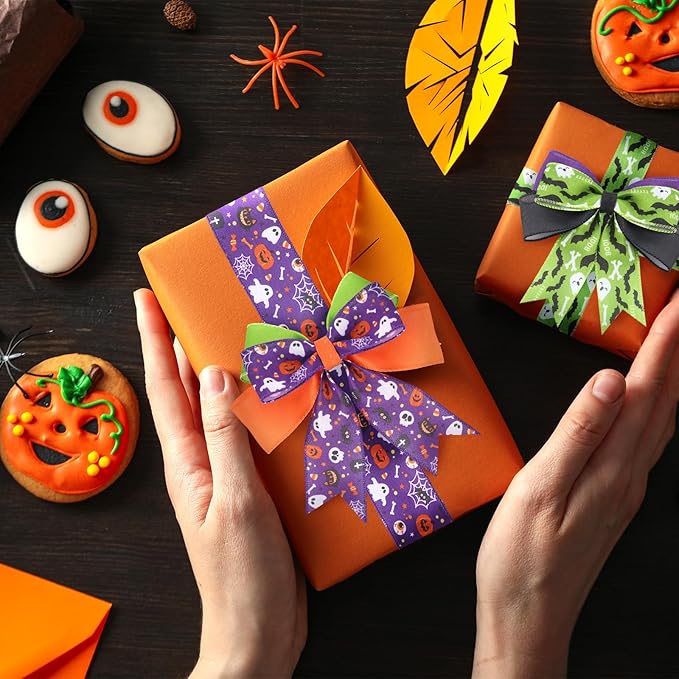 12 Rolls Halloween Wired Edge Ribbon for Wreaths 2 Inch x 60 Yards Bat Spider Web Pumpkin Print Grosgrain Ribbon Ghost Witch Hat Crafts for Halloween Party Decorative Supplies, 12 Styles