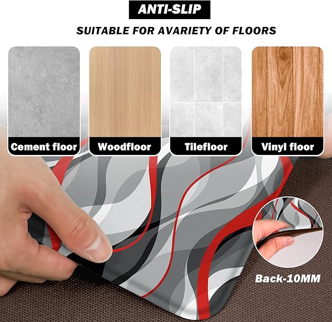 Kitchen Mats for Floor Modern Abstract kitchen rugs Grey and Red Stripe Anti Fatigue Kitchen Mats Waterproof Floor Mats Cushioned Non-Skid Standing Mats for Kitchen, Set of 2,17.3 x 28+17.3 x 47