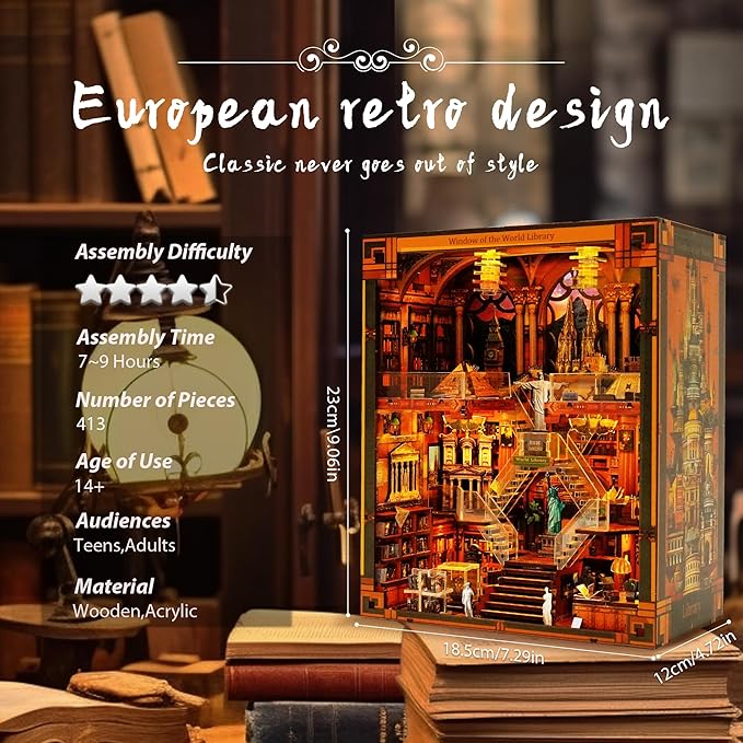 Book Nook Kits for Adults – The World Library Booknook – 3D Wooden Puzzle with LED Lights – Creative Bookshelf Insert & Educational Gift for Book Lovers & DIY Enthusiasts